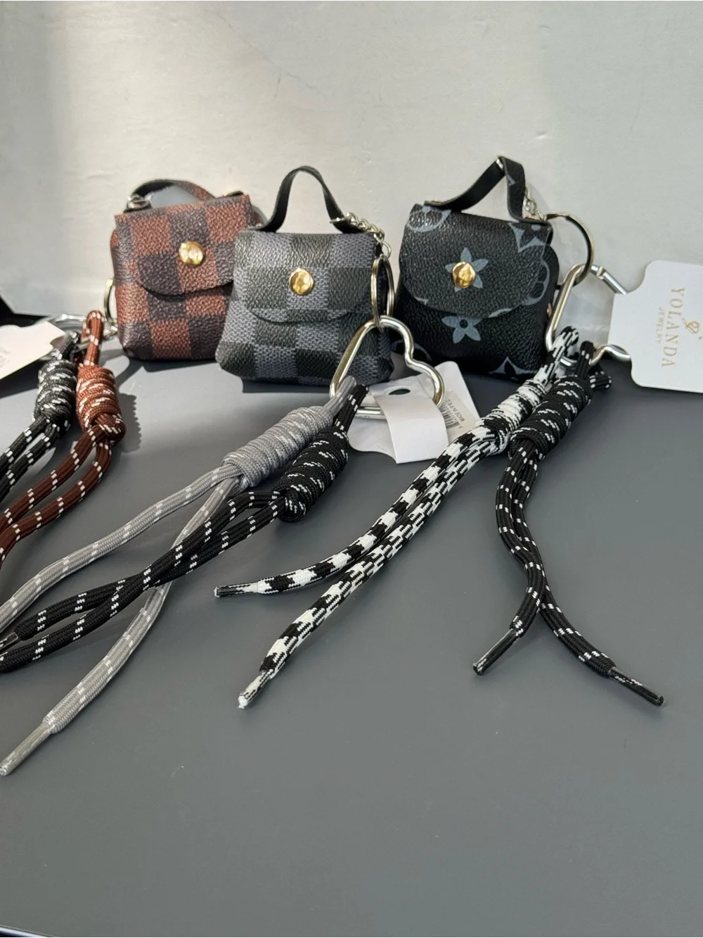 Mini Checkered Brown Faux Leather Bag Keychain